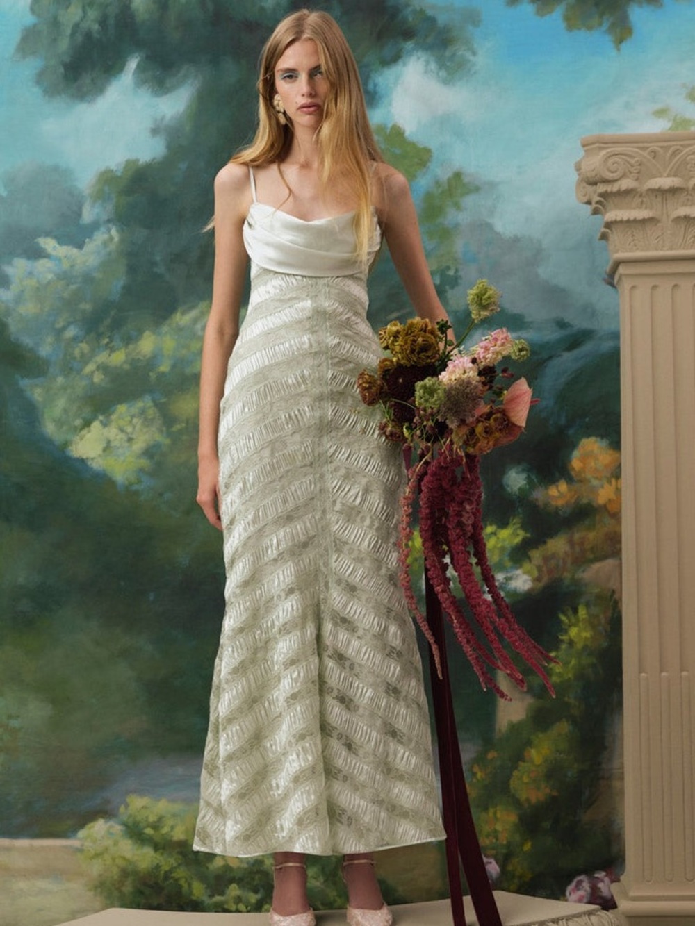 $529 NWT For Love And Lemons “Kendall” Satin Maxi Dress in Light Sage Sz Medium